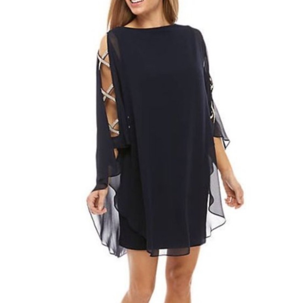 NWT Xscape Navy Blue Rhinestone Cold‎ Shoulder Overlay Party Cocktail Dress Sz 6